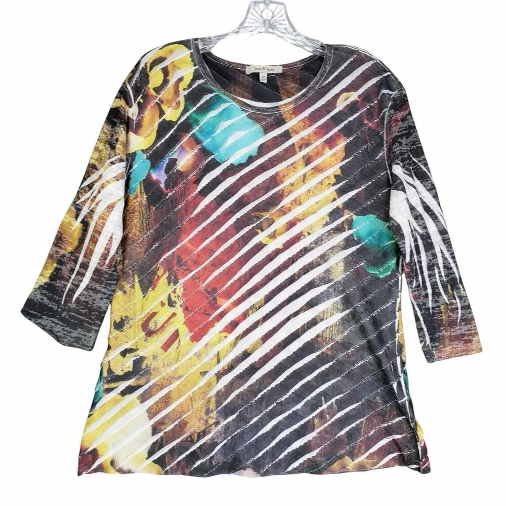 Jess & Jane Shirt Women’s Size Medium M 3/4 Sleeve Multicolor Abstract Floral